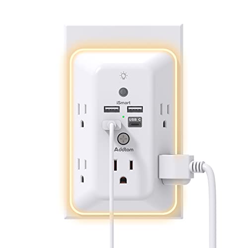Addtam Surge Protector Outlet Extender, Plug Extension Outlet with Night Light, 5-Outlet Splitter and 4 USB Ports, Multi Plug Wall Outlet for Home Office Dorm Room Essentials