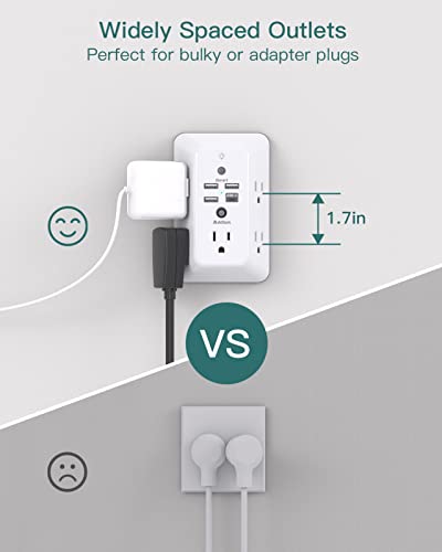 Addtam Surge Protector Outlet Extender, Plug Extension Outlet with Night Light, 5-Outlet Splitter and 4 USB Ports, Multi Plug Wall Outlet for Home Office Dorm Room Essentials