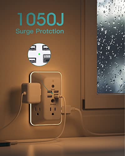 Addtam Surge Protector Outlet Extender, Plug Extension Outlet with Night Light, 5-Outlet Splitter and 4 USB Ports, Multi Plug Wall Outlet for Home Office Dorm Room Essentials