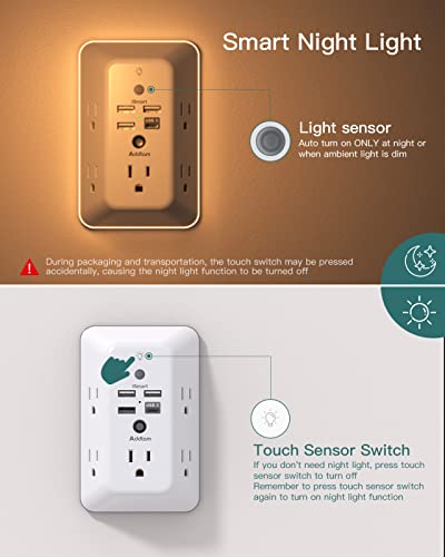 Addtam Surge Protector Outlet Extender, Plug Extension Outlet with Night Light, 5-Outlet Splitter and 4 USB Ports, Multi Plug Wall Outlet for Home Office Dorm Room Essentials