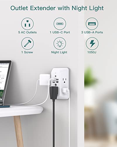 Addtam Surge Protector Outlet Extender, Plug Extension Outlet with Night Light, 5-Outlet Splitter and 4 USB Ports, Multi Plug Wall Outlet for Home Office Dorm Room Essentials