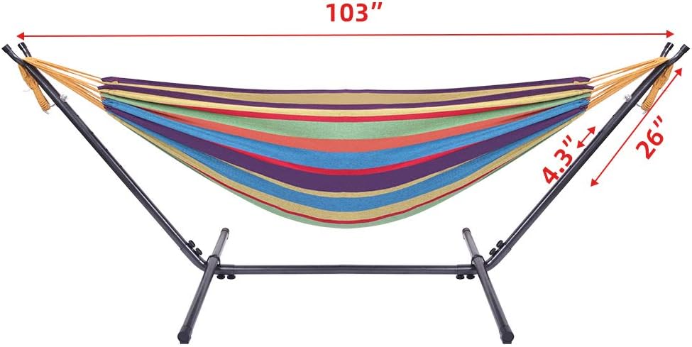 Portable Outdoor Hammock with Stand, Heavy Duty Steel Frame and Carrying Bag, Multi-Color Striped Polyester Fabric Hammock for Patio, Garden, Backyard & Camping, 250lbs Capacity