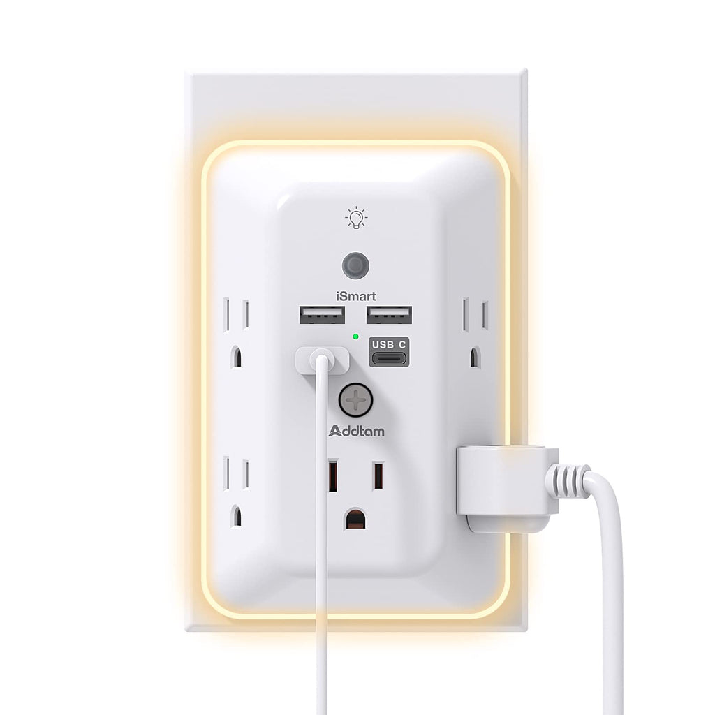Addtam Surge Protector Outlet Extender, Plug Extension Outlet with Night Light, 5-Outlet Splitter and 4 USB Ports, Multi Plug Wall Outlet for Home Office Dorm Room Essentials