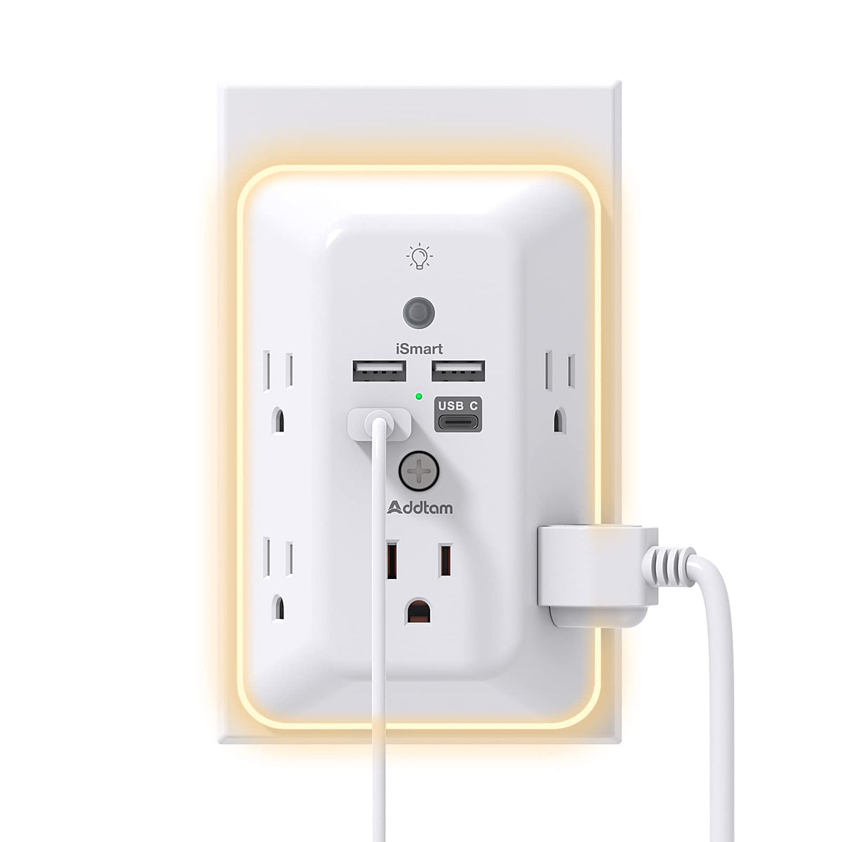 Addtam Surge Protector Outlet Extender, Plug Extension Outlet with Night Light, 5-Outlet Splitter and 4 USB Ports, Multi Plug Wall Outlet for Home Office Dorm Room Essentials