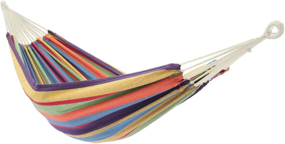 Portable Outdoor Hammock with Stand, Heavy Duty Steel Frame and Carrying Bag, Multi-Color Striped Polyester Fabric Hammock for Patio, Garden, Backyard & Camping, 250lbs Capacity