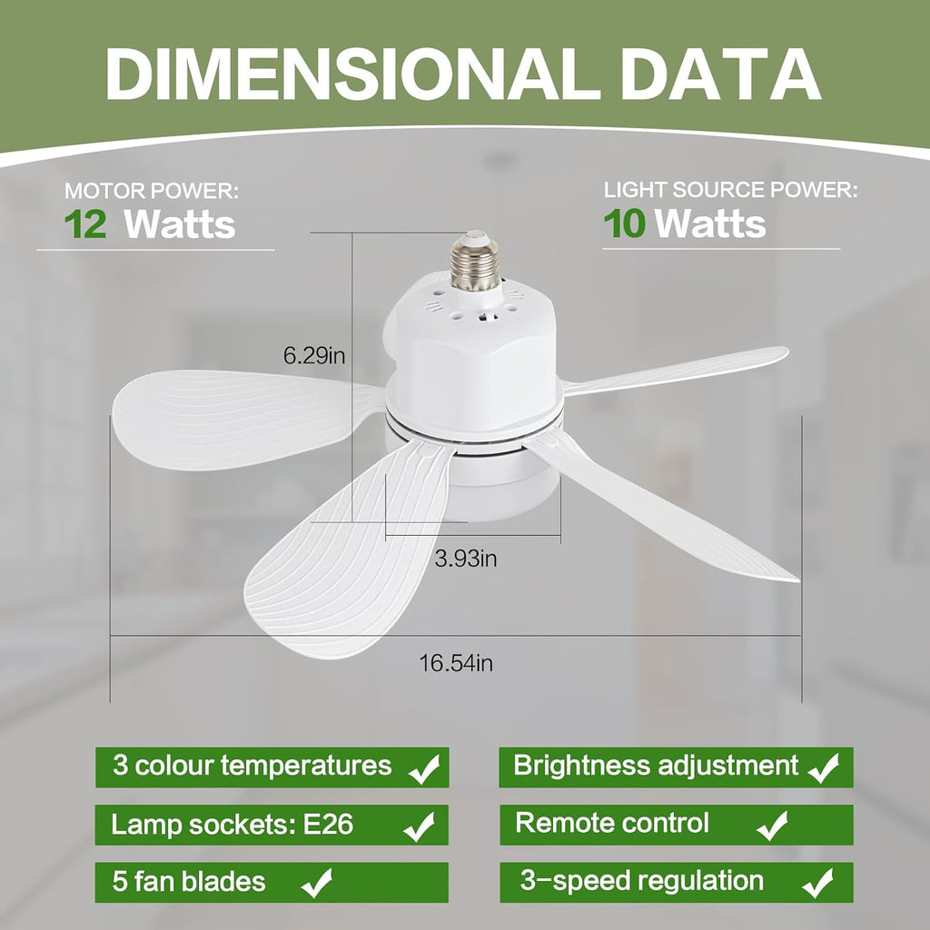 Socket Fan Light with Remote Control, Portable Small Ceiling Fan with Lights for Bedroom, Kitchen, Living Room, with Dimming Function, 1000 Lumens, Screws into E26/E27, 16.54 Inches Diameter