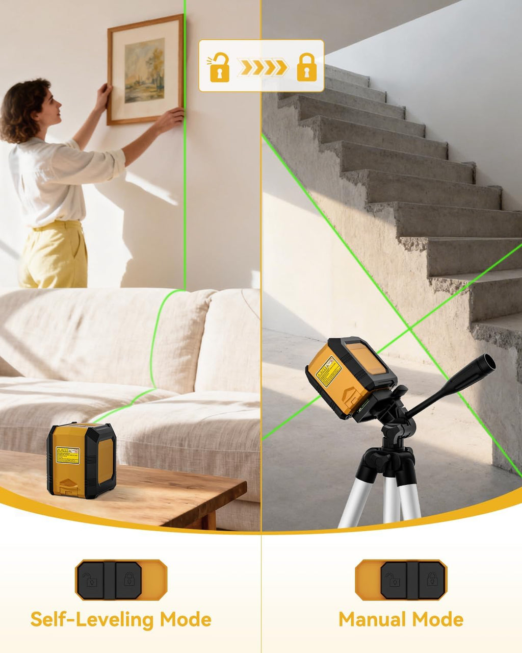 Laser Level with Tripod, Self-Leveling Green Beam Horizontal and Vertical Cross-Line Laser for Home Decoration Carrying Pouch, Battery Included