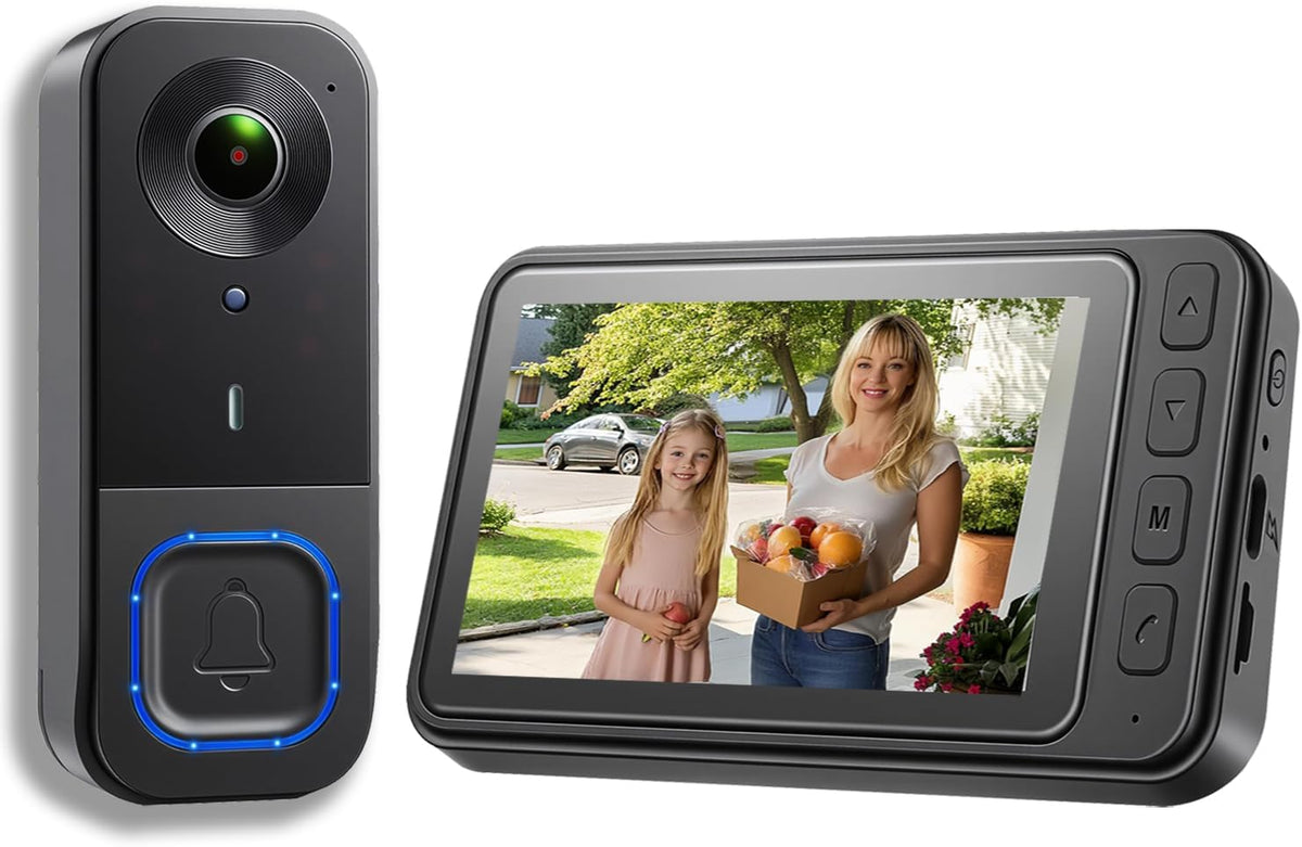 Video Doorbell Wireless with Screen 1080p, No Subscription Door Bell Camera with Monitor Screen, Local Storage NO WiFi and APP Needed, Video Intercom Two-Way Audio,160° View,Night Vision