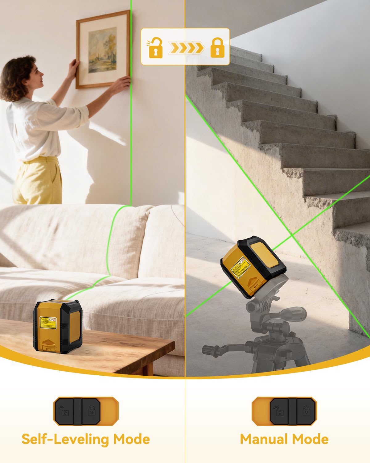 Laser Level with Tripod, Self-Leveling Green Beam Horizontal and Vertical Cross-Line Laser for Home Decoration Carrying Pouch, Battery Included