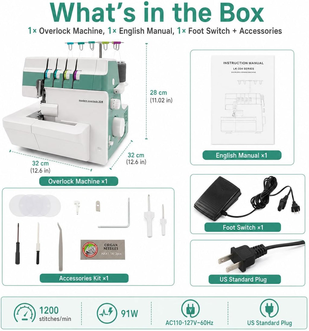 Industrial Electric Serger, 4/3/2 Thread Serger, Electric Overlock Sewing Machine, Metal Frame Overlock Machine with LED Light, 1200 Stitches for Garment Shop & Home Sewing