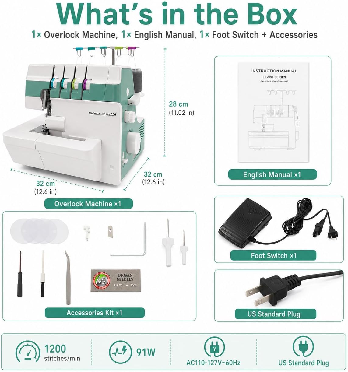 Industrial Electric Serger, 4/3/2 Thread Serger, Electric Overlock Sewing Machine, Metal Frame Overlock Machine with LED Light, 1200 Stitches for Garment Shop & Home Sewing