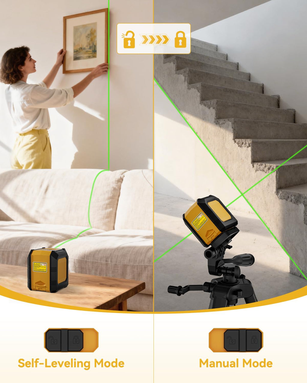 Laser Level with Tripod, Self-Leveling Green Beam Horizontal and Vertical Cross-Line Laser for Home Decoration Carrying Pouch, Battery Included