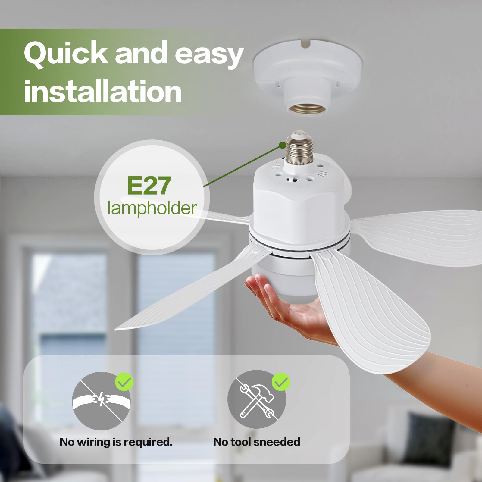 Socket Fan Light with Remote Control, Portable Small Ceiling Fan with Lights for Bedroom, Kitchen, Living Room, with Dimming Function, 1000 Lumens, Screws into E26/E27, 16.54 Inches Diameter