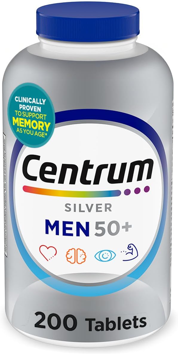 Centrum Silver Men's 50+ Multivitamin with Vitamin D3, B-Vitamins, Zinc for Memory and Cognition - 200 Tablets | Contains Vitamins D3, E, B6, and B12, Gluten Free, Non-GMO Ingredients, GLP-1 Support