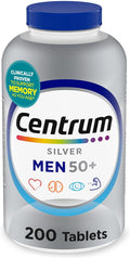 Centrum Silver Men's 50+ Multivitamin with Vitamin D3, B-Vitamins, Zinc for Memory and Cognition - 200 Tablets | Contains Vitamins D3, E, B6, and B12, Gluten Free, Non-GMO Ingredients, GLP-1 Support