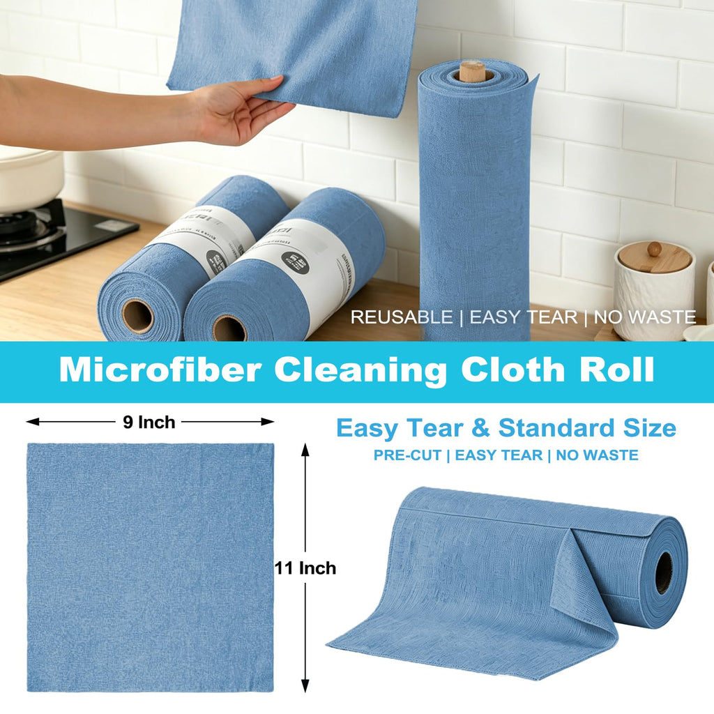 Puomue 55 Pack Microfiber Cleaning Cloth Roll, Tear Away Reusable Paper Towels, 11" x 9", Ultra Absorbent & Lint Free Microfiber Cloth for Cleaning Cars, Kitchen, Window, Home and Shop, Grey