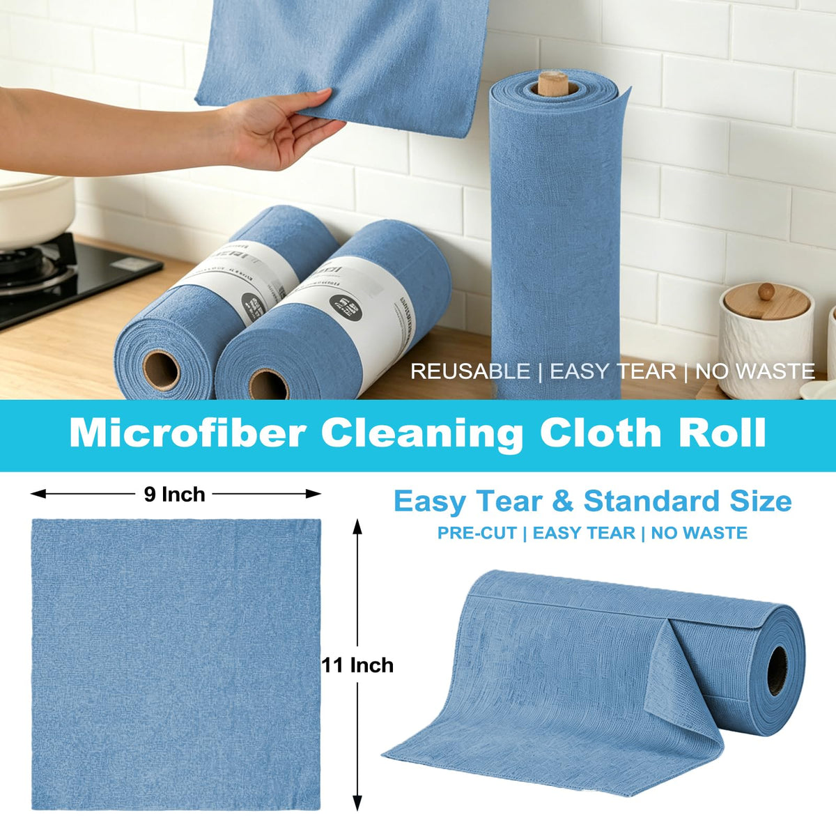 Puomue 55 Pack Microfiber Cleaning Cloth Roll, Tear Away Reusable Paper Towels, 11" x 9", Ultra Absorbent & Lint Free Microfiber Cloth for Cleaning Cars, Kitchen, Window, Home and Shop, Grey