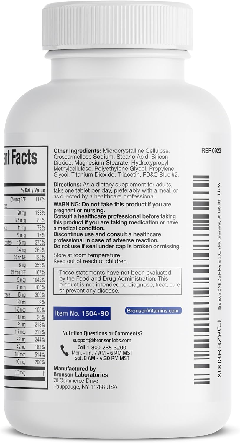 Bronson ONE Daily Mens 50+ Complete Multivitamin Multimineral, 90 Tablets | Once-Daily, Targeted Nutrition For Active Men Over 50, Non-GMO, Gluten-Free, Soy-Free