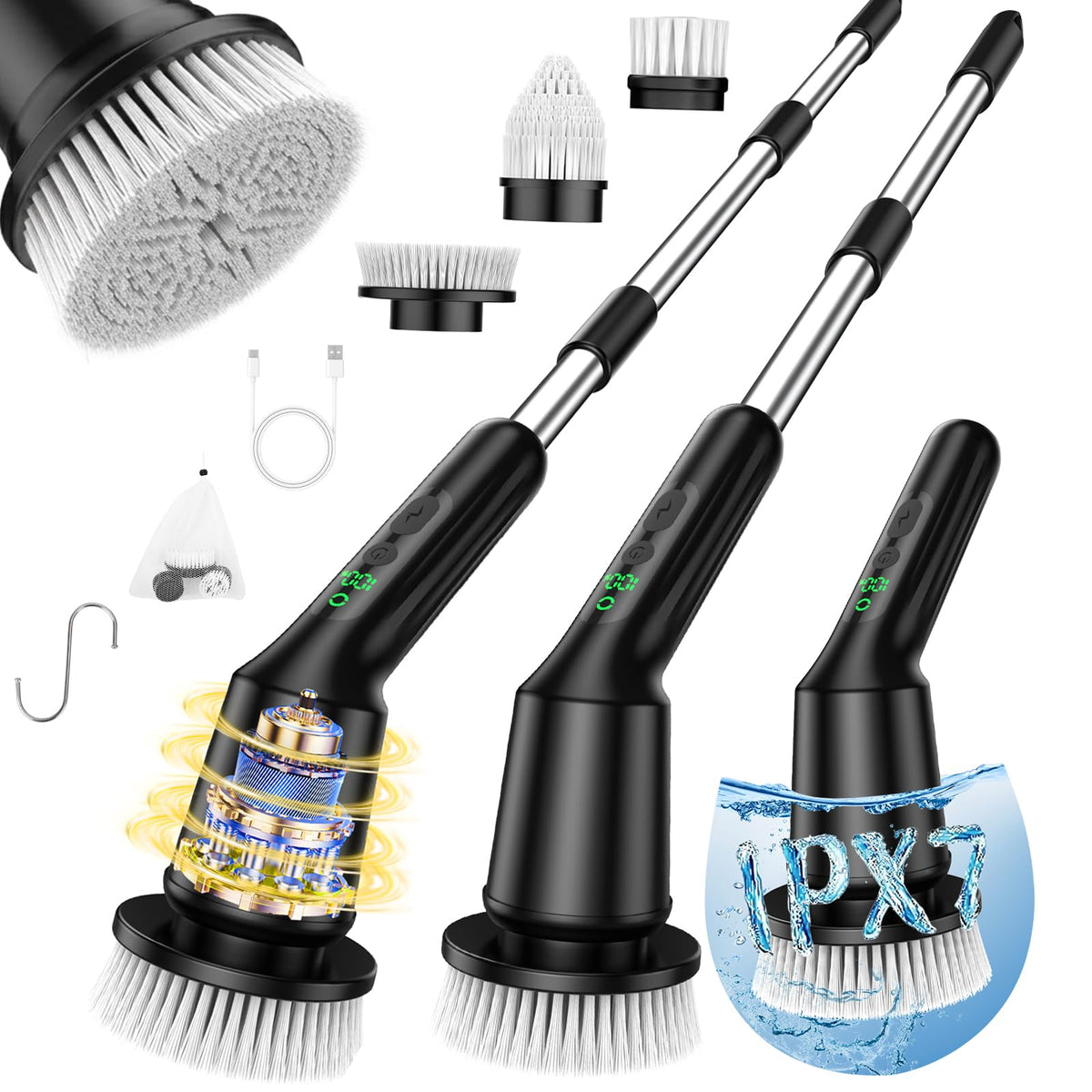 Electric Spin Scrubber for Cleaning Bathroom, Shower Scrubber Cordless Cleaning Brush with IPX7 Waterproof & 2 Speed, 3 Brush Heads, Bathroom Cleaning Supplies for Shower Tub Kitchen Tile Toilet