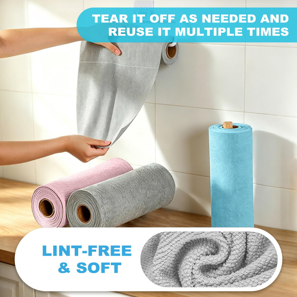 Puomue 55 Pack Microfiber Cleaning Cloth Roll, Tear Away Reusable Paper Towels, 11" x 9", Ultra Absorbent & Lint Free Microfiber Cloth for Cleaning Cars, Kitchen, Window, Home and Shop, Grey