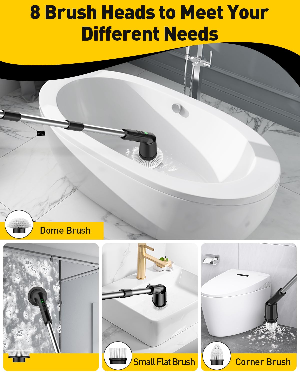 Electric Spin Scrubber for Cleaning Bathroom, Shower Scrubber Cordless Cleaning Brush with IPX7 Waterproof & 2 Speed, 3 Brush Heads, Bathroom Cleaning Supplies for Shower Tub Kitchen Tile Toilet