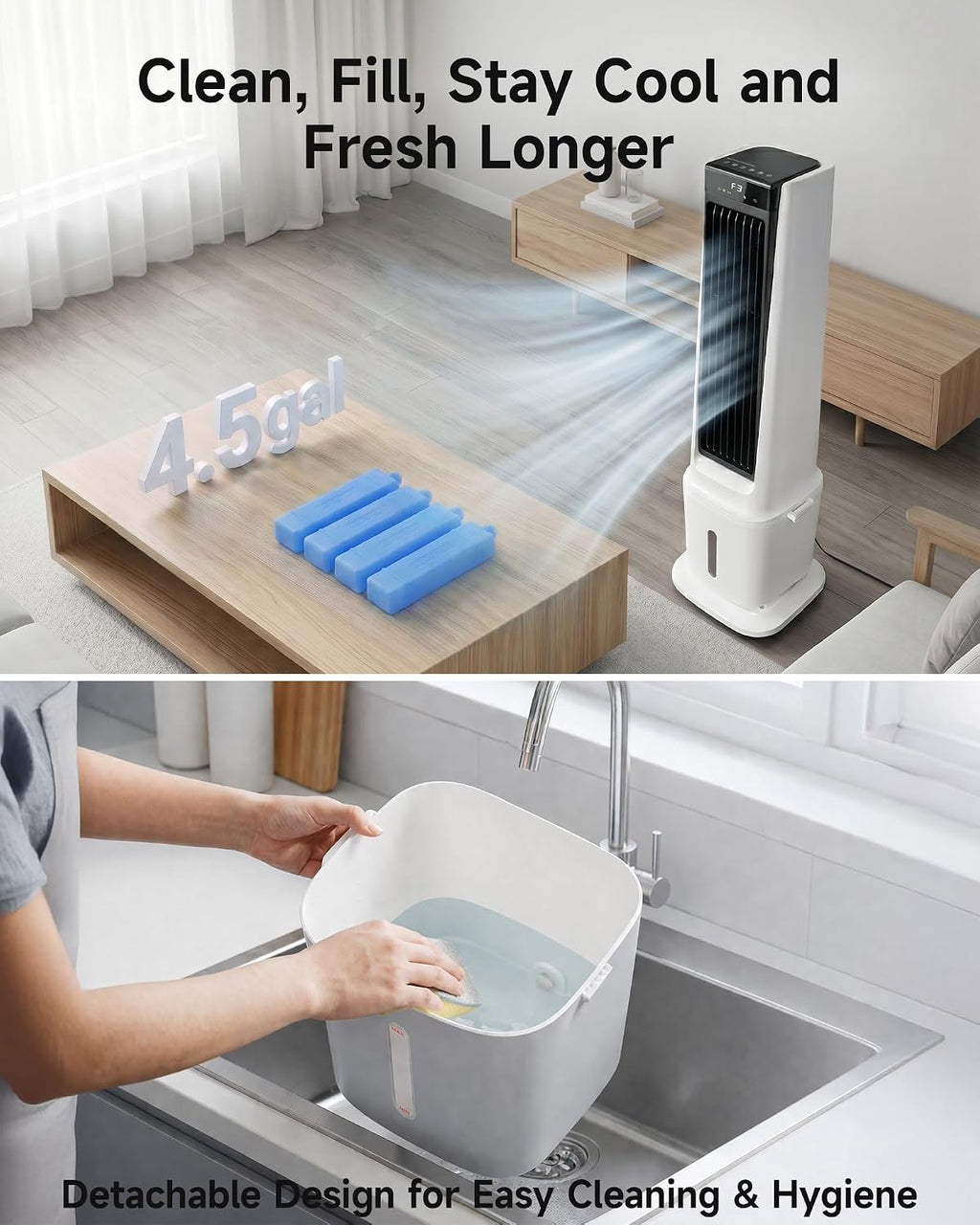Air Choice Swamp Cooler, 46" Tower Cooling Fans that Blow Cold Air, 4.5Gal Removable Water Tank, 4 Ice Packs, 60° Oscillation, 3 Speeds, 12H Timer, Portable Evaporative Air Cooler for Bedroom Office