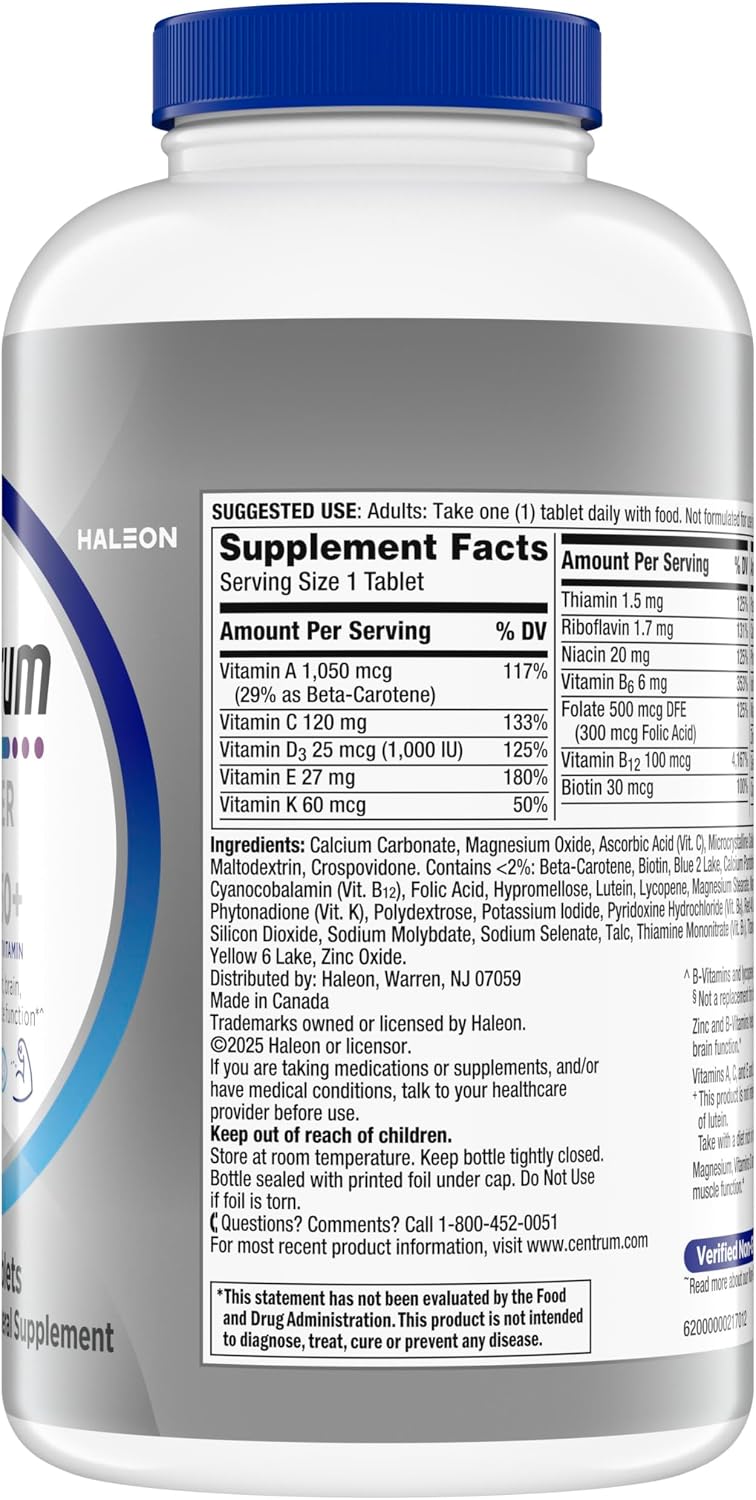 Centrum Silver Men's 50+ Multivitamin with Vitamin D3, B-Vitamins, Zinc for Memory and Cognition - 200 Tablets | Contains Vitamins D3, E, B6, and B12, Gluten Free, Non-GMO Ingredients, GLP-1 Support