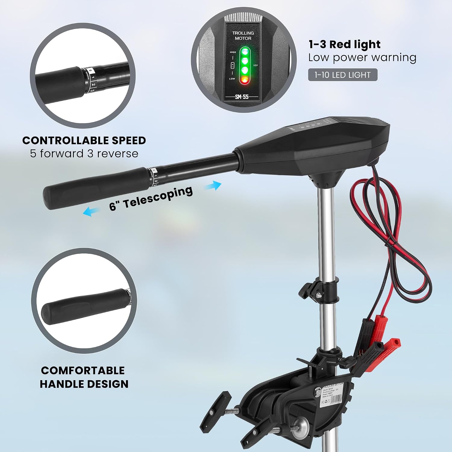 55lb Thrust Trolling Motor 8 Speed Electric Outboard Motor Kayak Motor with Adjustment 6-inch Extendable Handle, 30'' Shaft Length, LED Indicator, Transom Mounted for Kayak, Fishing Boat(Black)