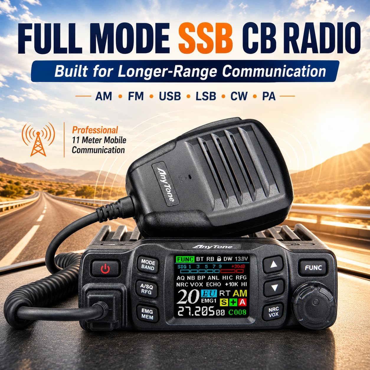 AnyTone AT-5000 CB Radio with SSB, 40 Channels Mobile Transceiver, USB/LSB, NOAA Weather, NRC Noise Reduction, SWR Meter, VOX, 12V/24V for Semi Trucks
