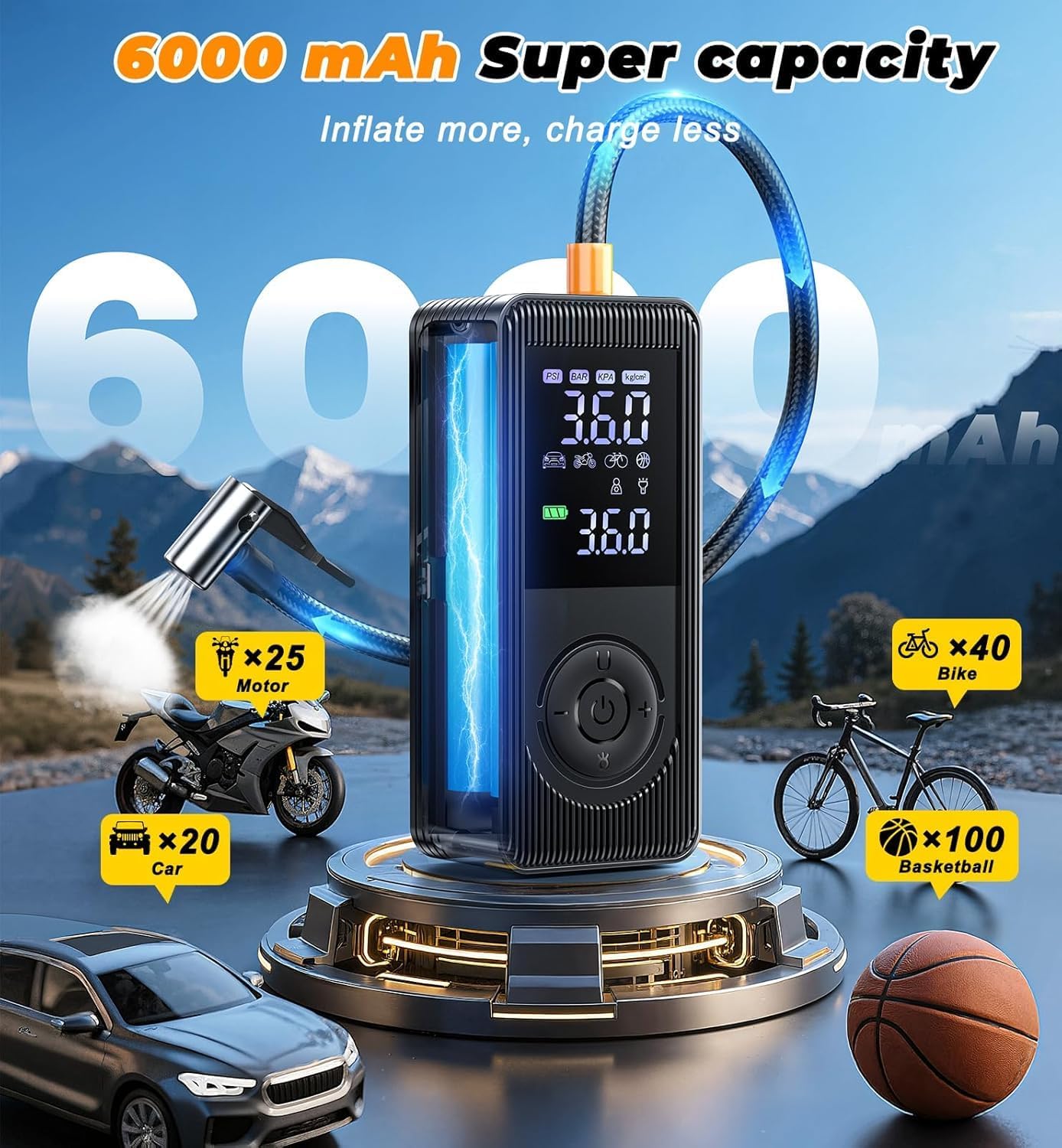 Tire Inflator Portable Air Compressor - 150 PSI 4X Fast Inflation Rechargeable Battery & 12V DC Adapter Powered Air Pump for Car Bike Motorcycle Tires Balls with LCD Display, LED Light