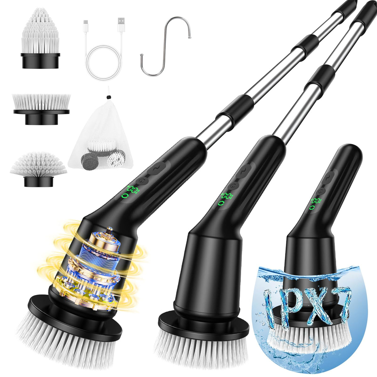 Electric Spin Scrubber for Cleaning Bathroom, Shower Scrubber Cordless Cleaning Brush with IPX7 Waterproof & 2 Speed, 3 Brush Heads, Bathroom Cleaning Supplies for Shower Tub Kitchen Tile Toilet