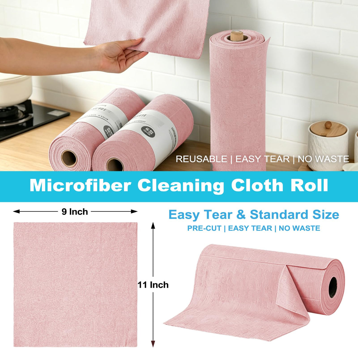 Puomue 55 Pack Microfiber Cleaning Cloth Roll, Tear Away Reusable Paper Towels, 11" x 9", Ultra Absorbent & Lint Free Microfiber Cloth for Cleaning Cars, Kitchen, Window, Home and Shop, Grey