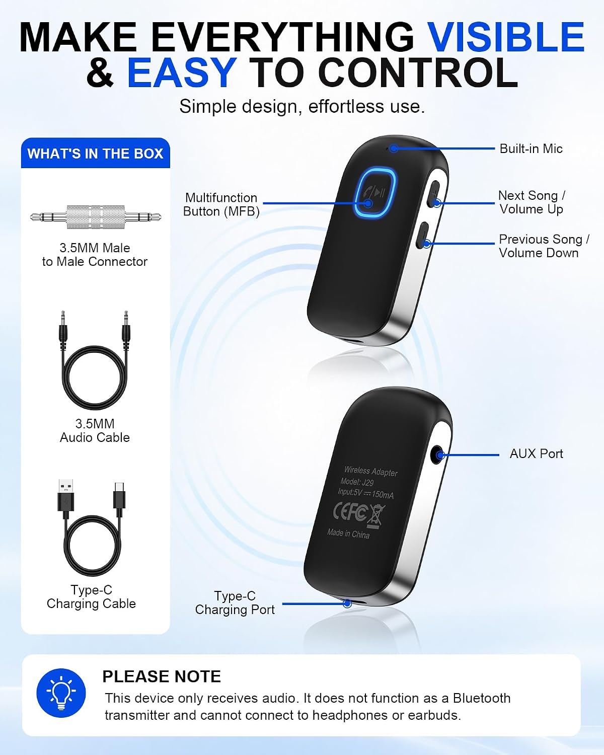 Bluetooth Car Adapter, 3.5mm Aux Receiver | Ox Auxiliary Adaptador