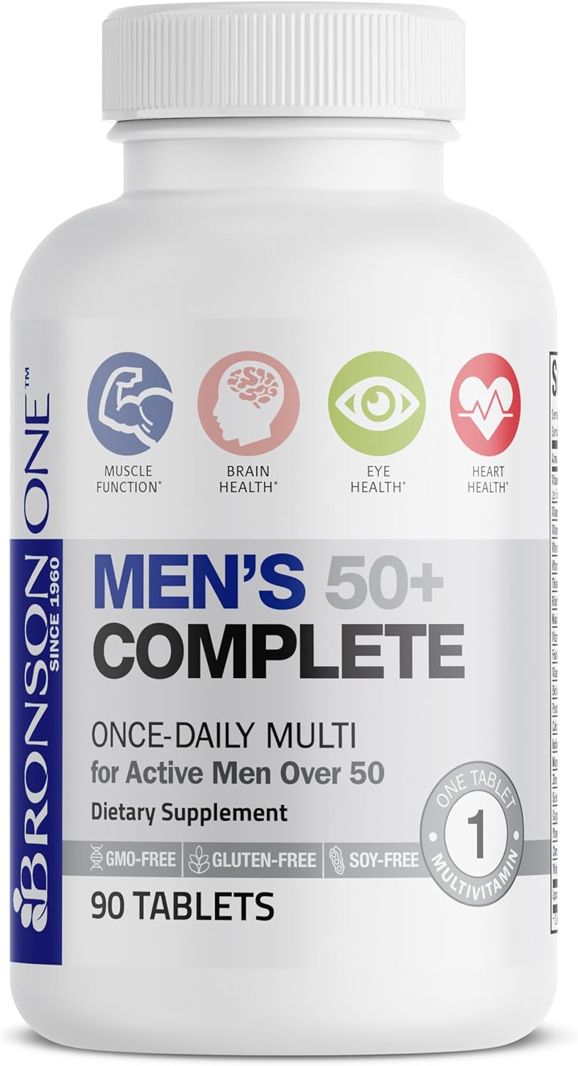 Bronson ONE Daily Mens 50+ Complete Multivitamin Multimineral, 90 Tablets | Once-Daily, Targeted Nutrition For Active Men Over 50, Non-GMO, Gluten-Free, Soy-Free
