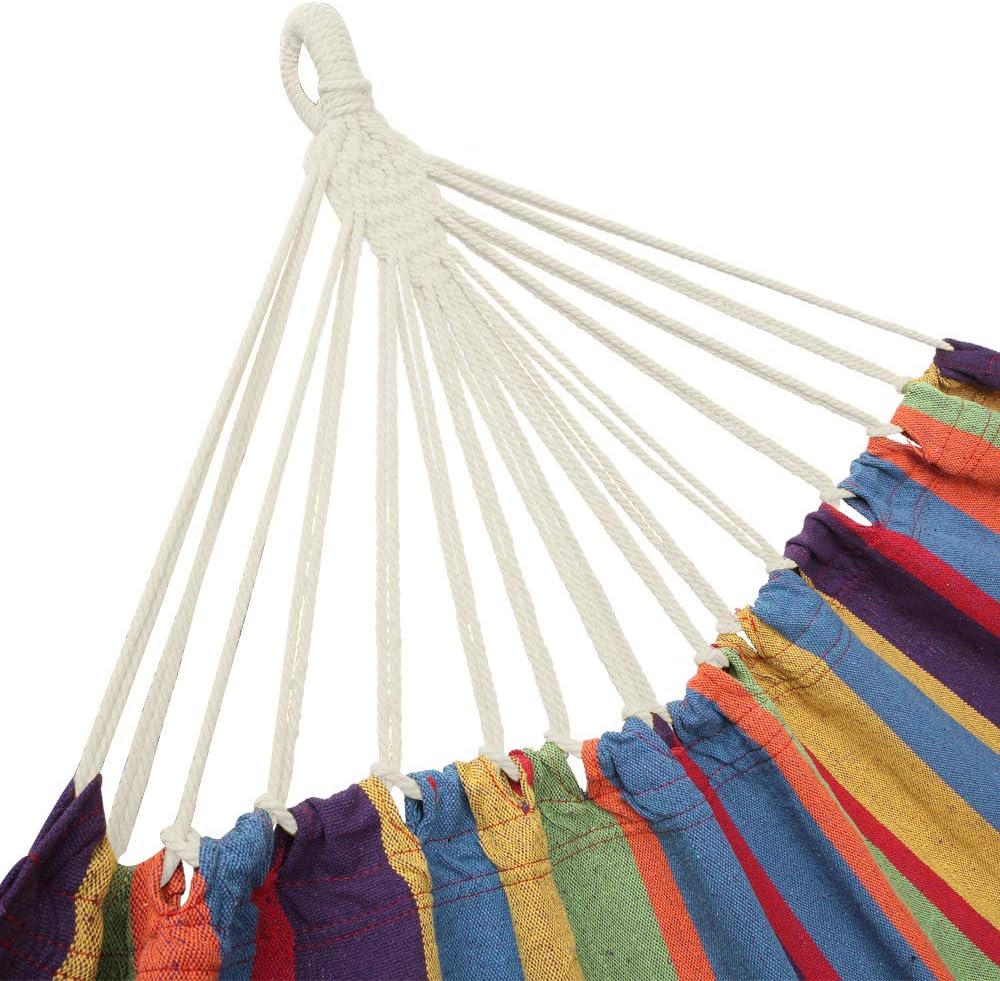 Portable Outdoor Hammock with Stand, Heavy Duty Steel Frame and Carrying Bag, Multi-Color Striped Polyester Fabric Hammock for Patio, Garden, Backyard & Camping, 250lbs Capacity