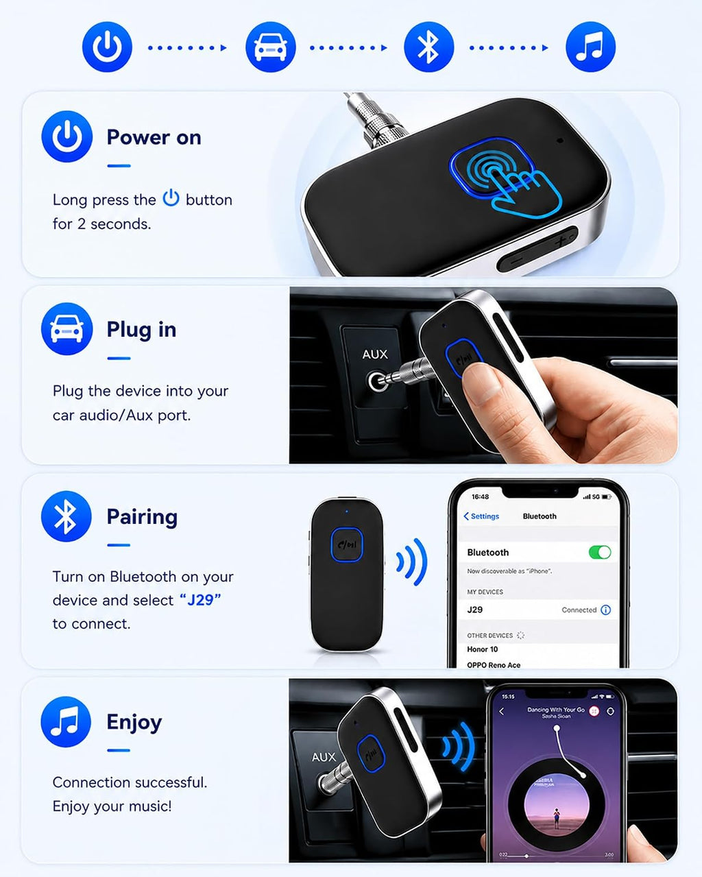Bluetooth Car Adapter, 3.5mm Aux Receiver | Ox Auxiliary Adaptador
