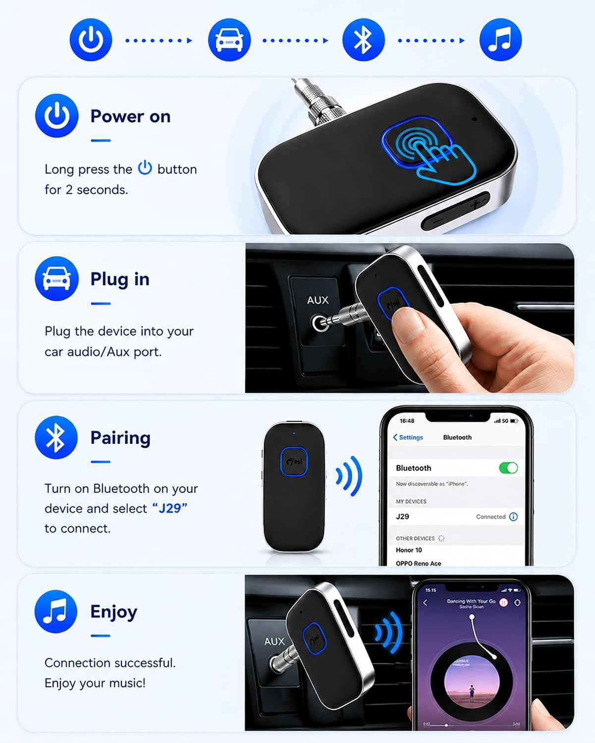 Bluetooth Car Adapter, 3.5mm Aux Receiver | Ox Auxiliary Adaptador