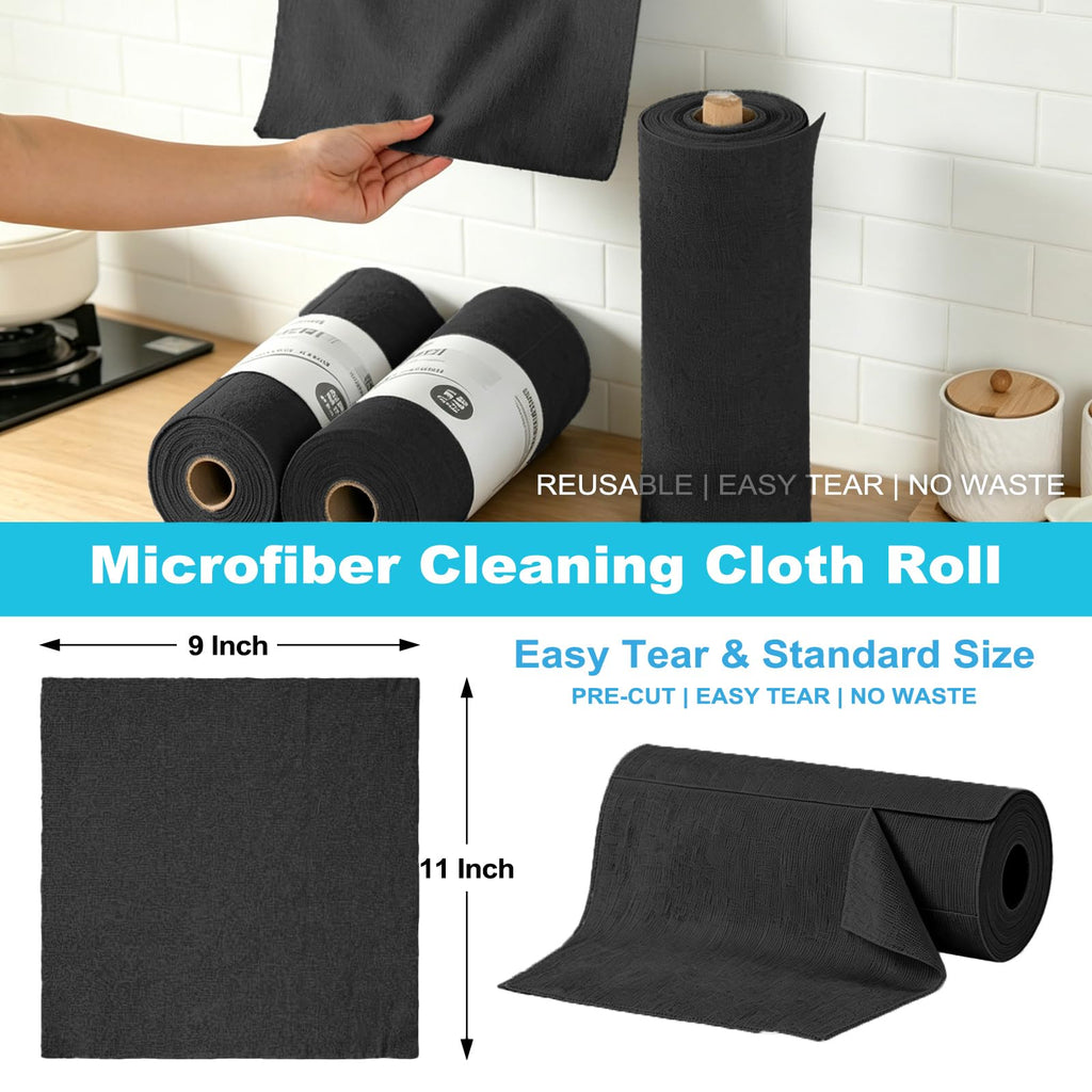 Puomue 55 Pack Microfiber Cleaning Cloth Roll, Tear Away Reusable Paper Towels, 11" x 9", Ultra Absorbent & Lint Free Microfiber Cloth for Cleaning Cars, Kitchen, Window, Home and Shop, Grey
