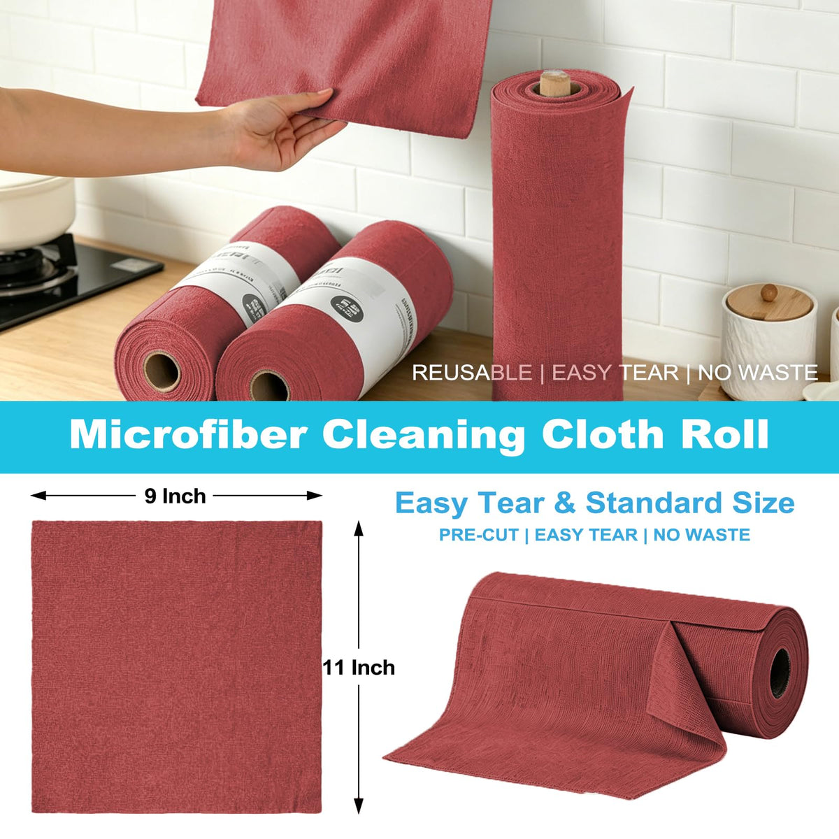 Puomue 55 Pack Microfiber Cleaning Cloth Roll, Tear Away Reusable Paper Towels, 11" x 9", Ultra Absorbent & Lint Free Microfiber Cloth for Cleaning Cars, Kitchen, Window, Home and Shop, Grey