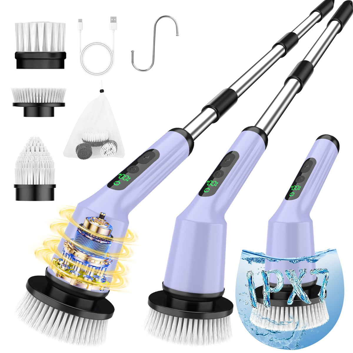 Electric Spin Scrubber for Cleaning Bathroom, Shower Scrubber Cordless Cleaning Brush with IPX7 Waterproof & 2 Speed, 3 Brush Heads, Bathroom Cleaning Supplies for Shower Tub Kitchen Tile Toilet