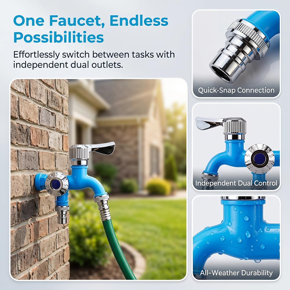 Outdoor Garden Water Faucet with Double Outlet, Double Valve Faucet Water Hose Outlet Hose Valve