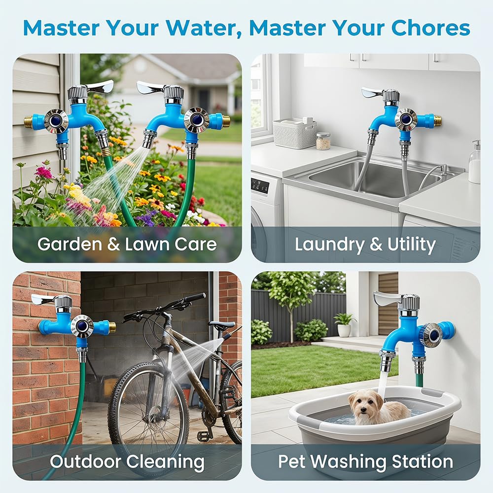Outdoor Garden Water Faucet with Double Outlet, Double Valve Faucet Water Hose Outlet Hose Valve