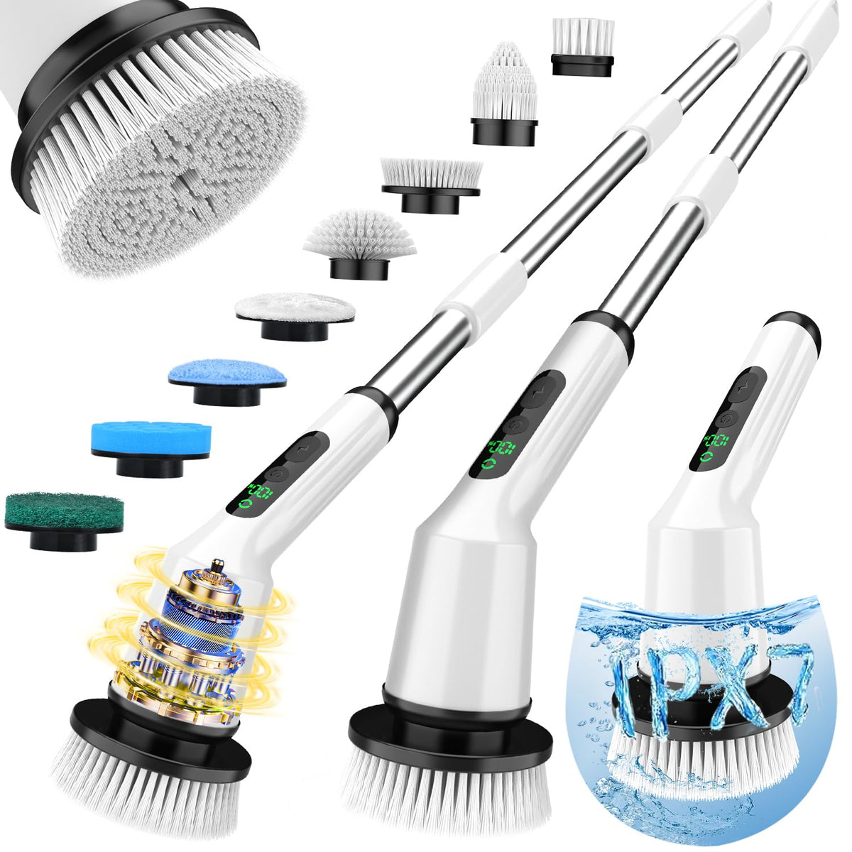 Electric Spin Scrubber for Cleaning Bathroom, Shower Scrubber Cordless Cleaning Brush with IPX7 Waterproof & 2 Speed, 3 Brush Heads, Bathroom Cleaning Supplies for Shower Tub Kitchen Tile Toilet