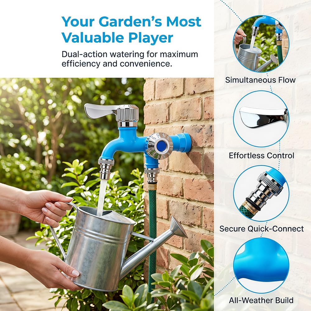 Outdoor Garden Water Faucet with Double Outlet, Double Valve Faucet Water Hose Outlet Hose Valve