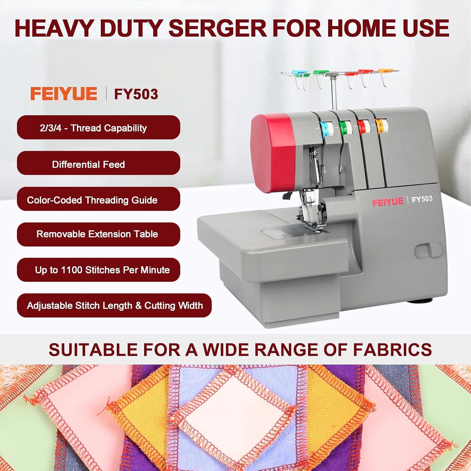 FEIYUE FY503 Serger Overlock Machine, 2/3/4-Thread Capability | Built‑in Rolled Hem, Adjustable Differential Feed, Durable Metal Frame, 1100 SPM