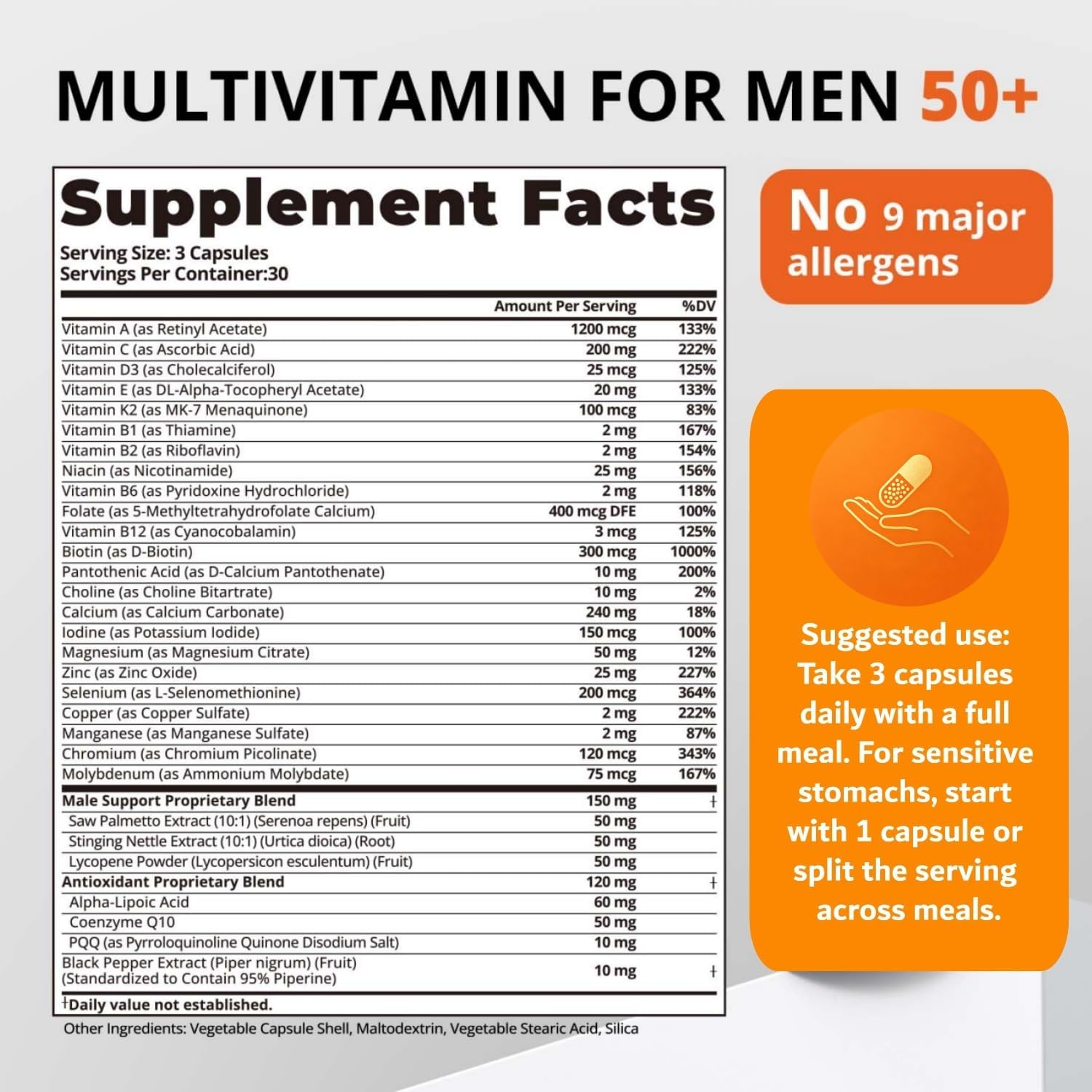 Multivitamin for Men Over 50 W/CoQ10, Methylfolate, Saw Palmetto, 90 Count | Energy Support, Prostate Health, Immune Support, Third-Party Tested, Vegan Capsules, High Absorption, 30+ nutrients, non-GMO