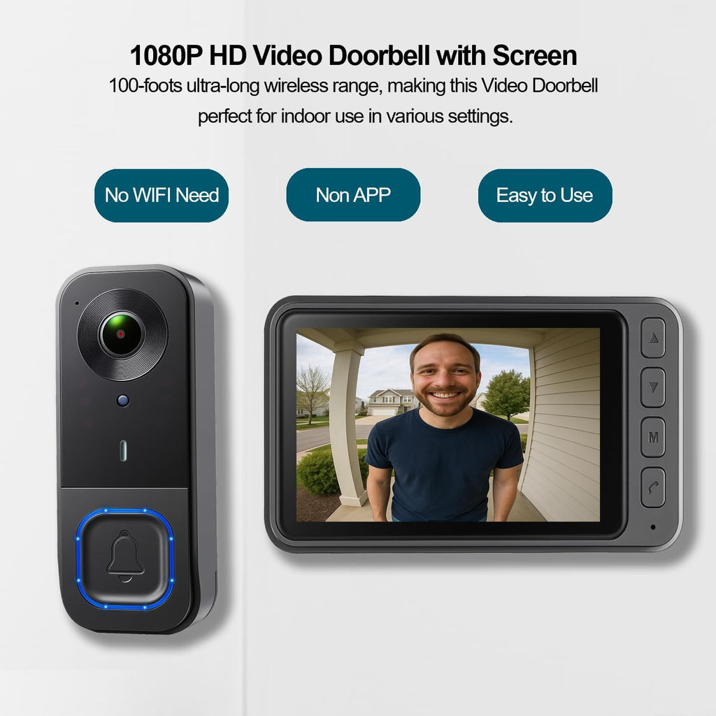 Video Doorbell Wireless with Screen 1080p, No Subscription Door Bell Camera with Monitor Screen, Local Storage NO WiFi and APP Needed, Video Intercom Two-Way Audio,160° View,Night Vision
