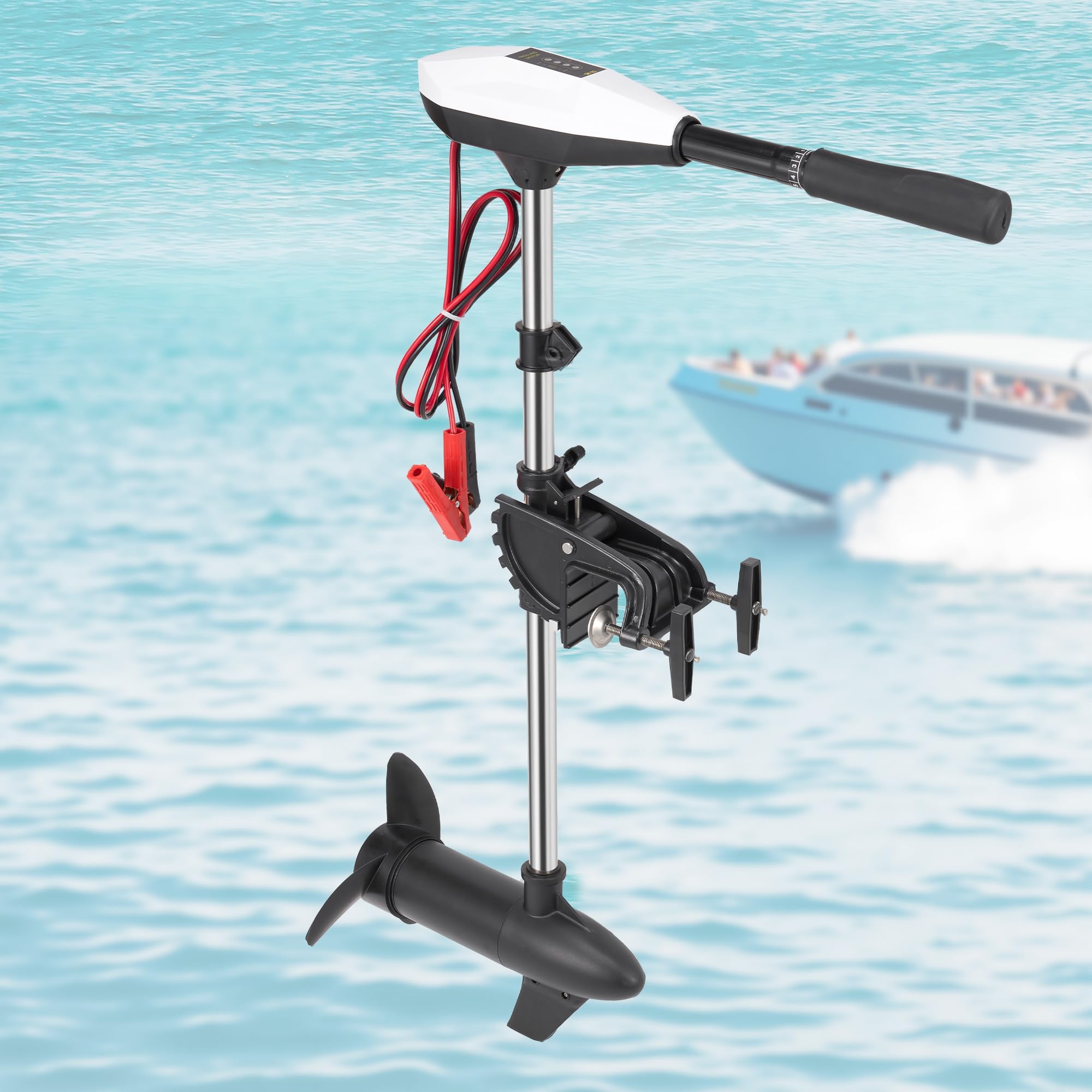 55lb Thrust Trolling Motor 8 Speed Electric Outboard Motor Kayak Motor with Adjustment 6-inch Extendable Handle, 30'' Shaft Length, LED Indicator, Transom Mounted for Kayak, Fishing Boat(Black)