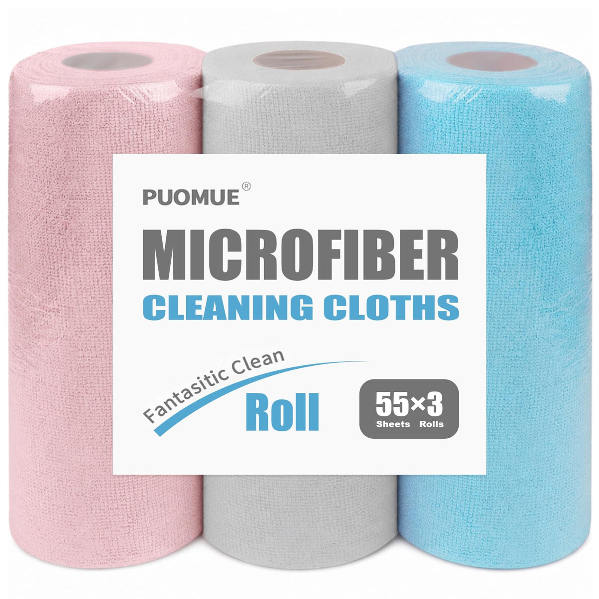Puomue 55 Pack Microfiber Cleaning Cloth Roll, Tear Away Reusable Paper Towels, 11" x 9", Ultra Absorbent & Lint Free Microfiber Cloth for Cleaning Cars, Kitchen, Window, Home and Shop, Grey