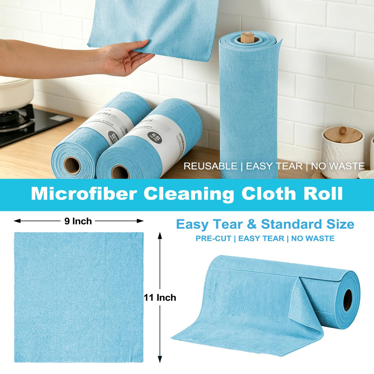 Puomue 55 Pack Microfiber Cleaning Cloth Roll, Tear Away Reusable Paper Towels, 11" x 9", Ultra Absorbent & Lint Free Microfiber Cloth for Cleaning Cars, Kitchen, Window, Home and Shop, Grey